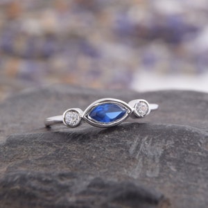 Dainty Sapphire Silver Ring, Womens Promise Ring, Blue Sapphire Ring, Womens Sapphire Ring, Three Stone Ring, Marquise Ring