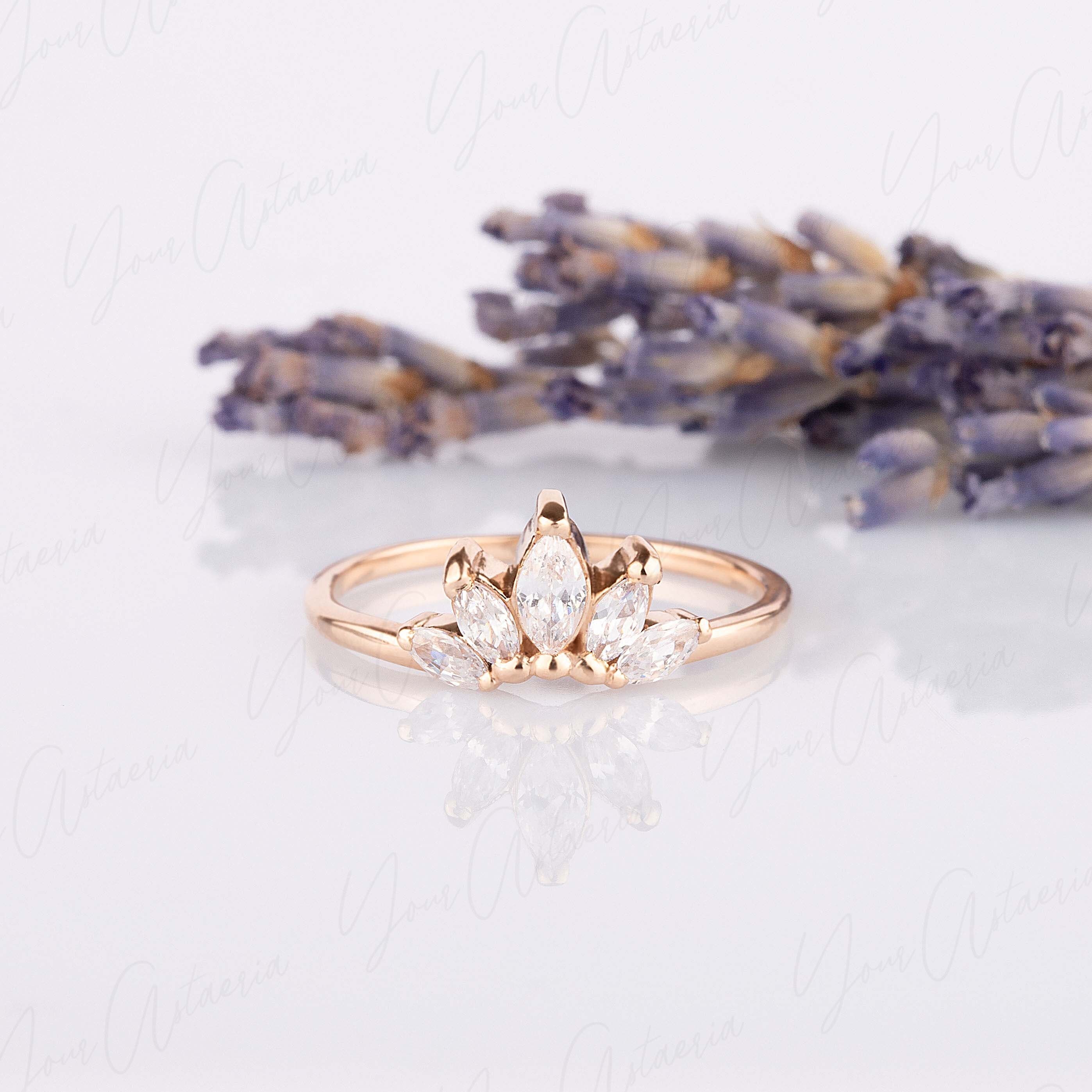 Marquise Cut Crown Wedding Band Rose Gold, Vintage Style Art Deco ...