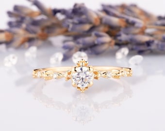Anel de compromisso delicado em ouro 14k estilo art déco para ela, anel de compromisso feminino minimalista e único, anel de noivado pequeno em ouro, presente de aniversário