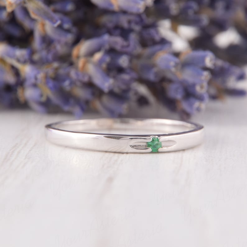 Solitaire ring, Dainty ring, Emerald ring silver, Thin ring, Small ring, Promise ring silver, Minimalist ring, Delicate ring, May birthstone image 3