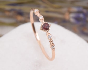 Rose gold tiny & dainty victorian style garnet engagement ring, Womens art deco garnet promise ring, Small minimalist garnet wedding ring