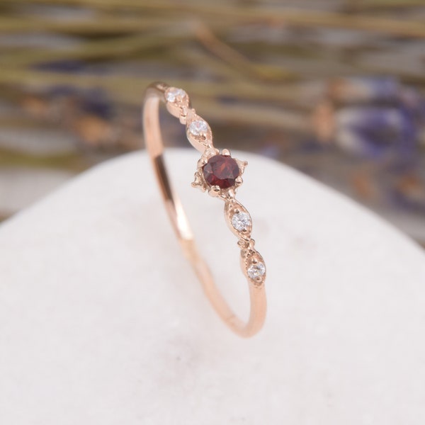 Rose gold tiny & dainty victorian style garnet engagement ring, Womens art deco garnet promise ring, Small minimalist garnet wedding ring