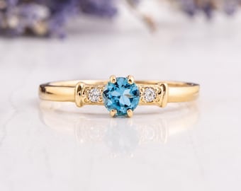 Dainty Swiss Topaz Yellow Gold Promise Ring, Blue Gemstone Solitaire Engagement Ring