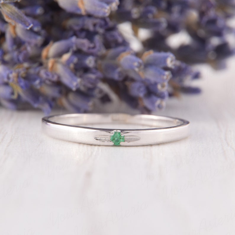 Solitaire ring, Dainty ring, Emerald ring silver, Thin ring, Small ring, Promise ring silver, Minimalist ring, Delicate ring, May birthstone image 2