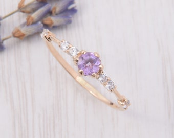 14k solid rose gold dainty & elegant amethyst promise ring for her, Unique small womens amethyst engagement ring, February birthstone