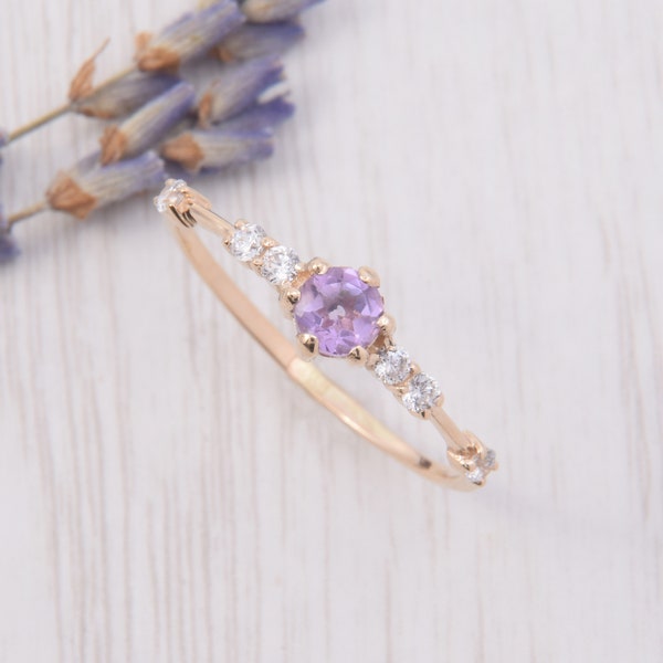 14k solid rose gold dainty & elegant amethyst promise ring for her, Unique small womens amethyst engagement ring, February birthstone