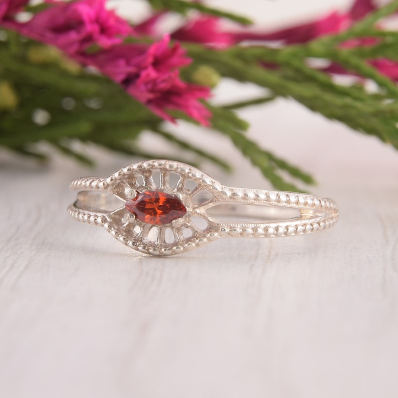 Womens Dainty Silver Ring Unique Womens Garnet Ring Art Deco Silver Promise Ring Marquise Ring Red Stone Ring Silver Garnet Ring