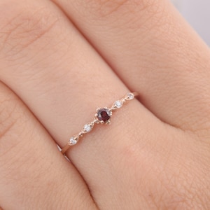 Rose gold tiny & dainty victorian style garnet engagement ring, Womens art deco garnet promise ring, Small minimalist garnet wedding ring image 2