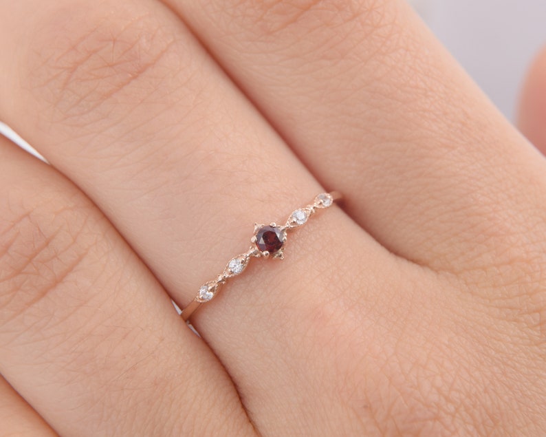 Rose gold tiny & dainty victorian style garnet engagement ring, Womens art deco garnet promise ring, Small minimalist garnet wedding ring image 2