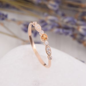 Vintage womens art deco citrine engagement ring, Rose gold dainty citrine promise ring for her, Antique victorian citrine wedding ring