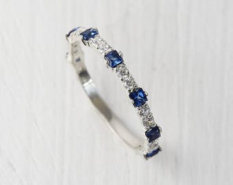 Sapphire wedding band, Sapphire band ring, Unique wedding ring, Tiny ring, Dainty ring, Sapphire ring silver, Blue sapphire ring