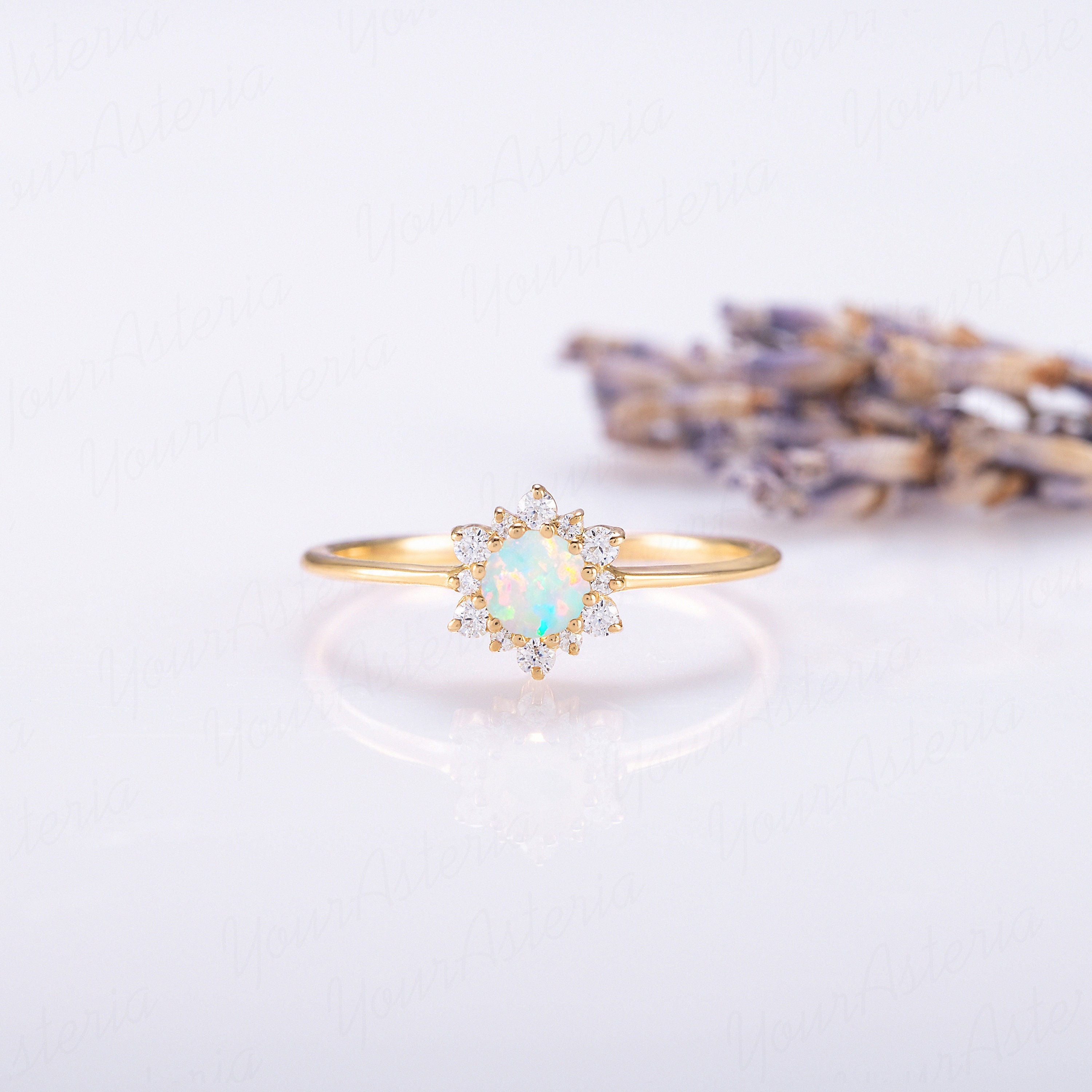 Dainty minimalist 14k gold opal promise ring for her Unique opal halo engagement ring gold Women opal ring Unique gemstone ring Opal jewelry