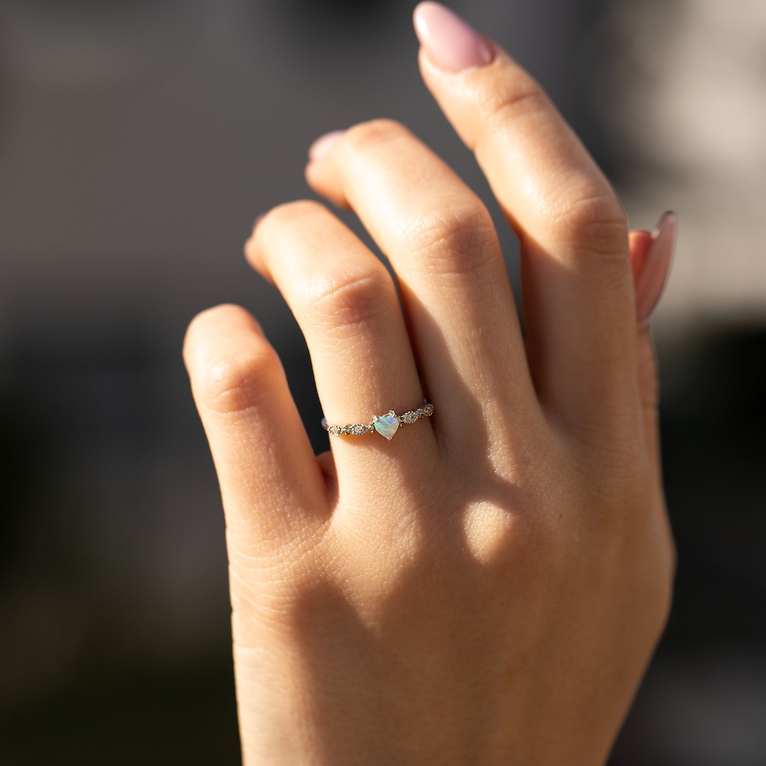 Unique Heart Opal Promise Ring for Her, Art Deco Heart White Opal ...
