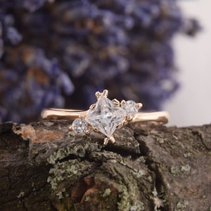 Dainty White Topaz Promise Ring for Her, Womens Small Yellow Gold Ring, Minimalist Geometric Ring, Unique Gold Promise Ring