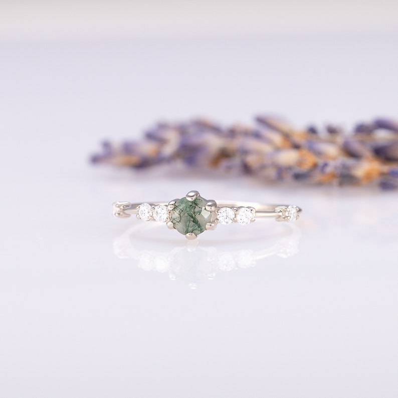 Moss agate silver promise ring for her, Unique moss agate engagement ring, Anniversary ring gift, Gemstone ring, Moss agate wedding ring image 4