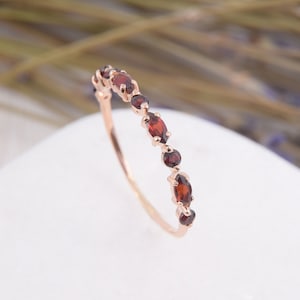 Tiny delicate vintage art deco garnet wedding ring, Small & dainty 14k rose gold marquise cut garnet womens wedding band, Garnet jewelry