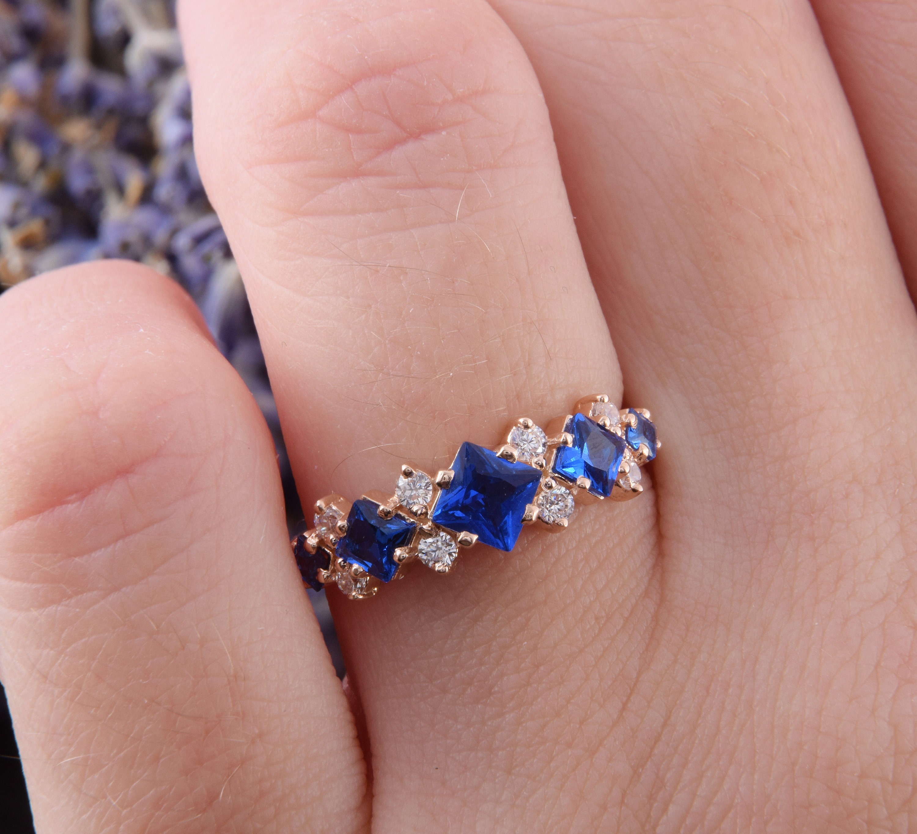 Rose Gold Art Deco Sapphire Wedding Band, Unique Womens Wedding Band Rose Gold Art Deco Sapphire Wedding Band, Unique Womens Wedding Band