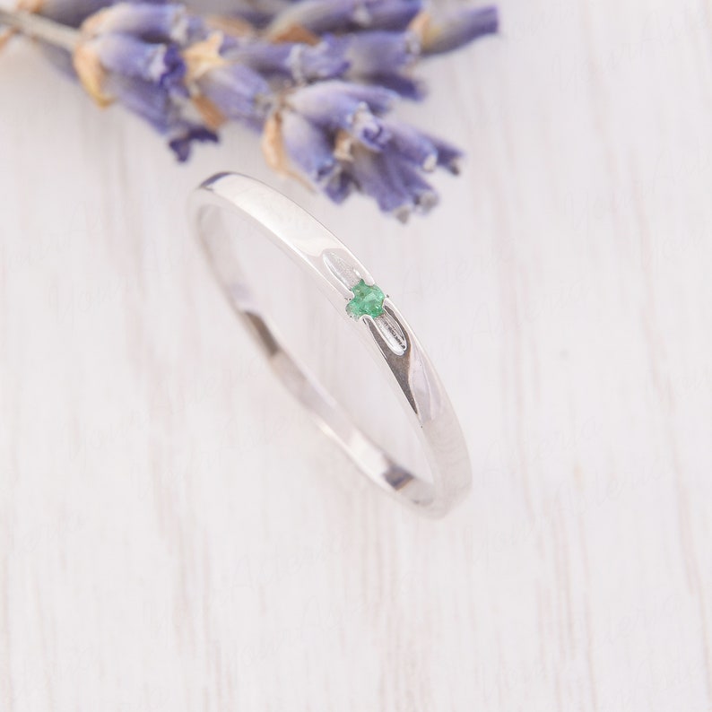 Solitaire ring, Dainty ring, Emerald ring silver, Thin ring, Small ring, Promise ring silver, Minimalist ring, Delicate ring, May birthstone image 1