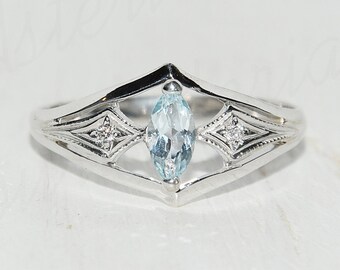 Unique Womens Art Deco Ring, Silver Topaz Ring, Blue Topaz Ring, Topaz Jewelry, Womens Promise Ring, Antique Promise Ring, Marquise Ring