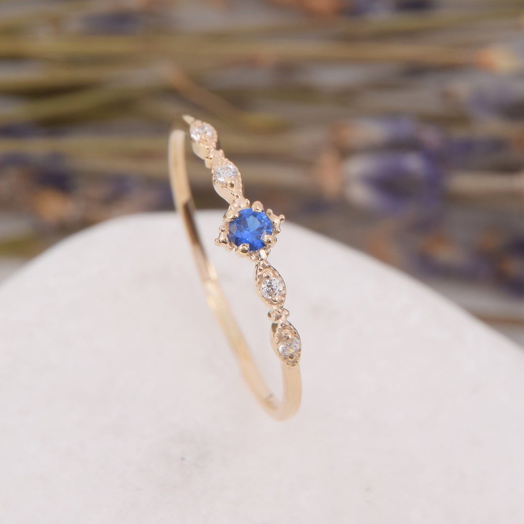 Gold Small Dainty Art Deco Blue Sapphire Promise Ring for Her