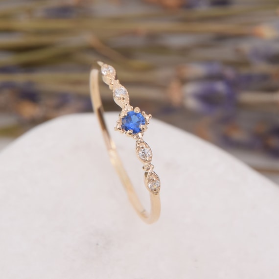 Gold Small Dainty Art Deco Blue Sapphire Promise Ring for Her Minimalist Delicate Tiny Sapphire Engagement Ring Sapphire Wedding Ring Etsy