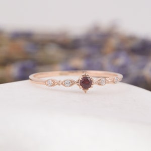 Rose gold tiny & dainty victorian style garnet engagement ring, Womens art deco garnet promise ring, Small minimalist garnet wedding ring image 9