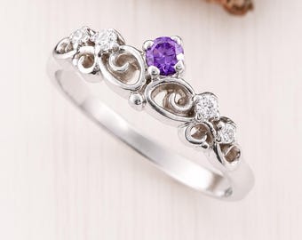 Vintage Style 925 Sterling Silver Amethyst Promise Ring, Art Deco February Birthstone Engagement Ring