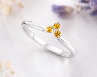 Dainty 925 Sterling Silver Citrine Chevron Wedding Band, Curved November Birthstone Stacking Ring