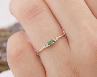 Womens dainty gold baguette emerald engagement ring, Tiny minimalist emerald promise ring for her, Small baguette emerald wedding ring