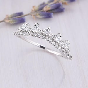 Art Deco Dainty 925 Sterling Silver CZ Curved Wedding Band, Crown Tiara Stacking Ring image 1