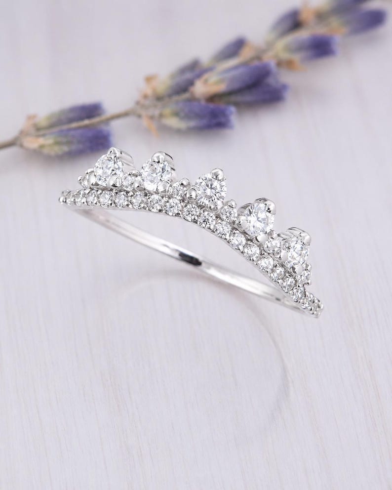 Art Deco Dainty 925 Sterling Silver CZ Curved Wedding Band, Crown Tiara Stacking Ring image 1
