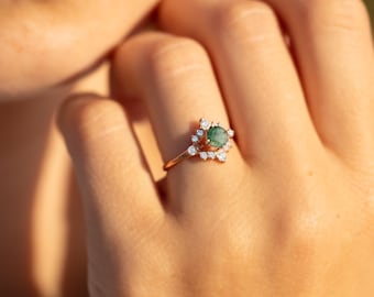 Sierlijke art deco mos agaat belofte ring cadeau voor haar, unieke Victoriaanse 14k rose gouden mos agaat halo verlovingsring, perfect cadeau voor haar