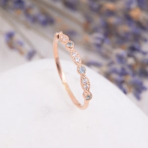 Vintage style half eternity 14k rose gold womens wedding band, Eternity sky blue topaz womens wedding ring, Blue topaz promise ring for her