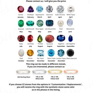 May include: A chart showing different birthstones for each month of the year. The chart also shows different metal options for the ring, including sterling silver, white gold, yellow gold, and rose gold. The text says "This ring can be made with different birthstones. Please contact us, I will give you the price."