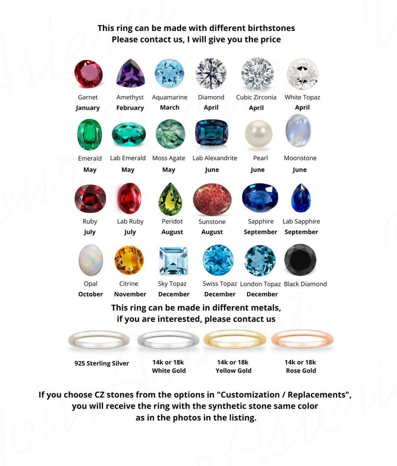May include: A chart showing different birthstones for each month of the year. The chart also shows different metal options for the ring, including sterling silver, white gold, yellow gold, and rose gold. The text says "This ring can be made with different birthstones. Please contact us, I will give you the price."