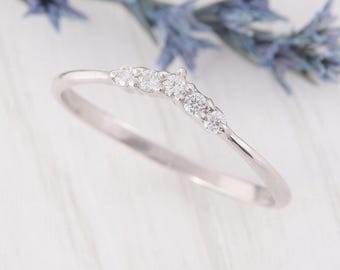 Womens Dainty 925 Sterling SIlver CZ Curved Wedding Band, V Shaped Chevron Wedding Band, Stacking Ring