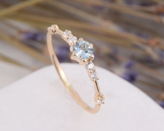 Dainty Yellow Gold Sky Topaz Promise Ring for Her, Minimalist December Birthstone Engagement Ring, Delicate Stacking Bridal Ring
