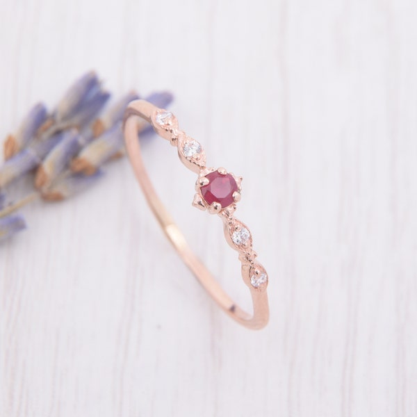 Small & dainty 14k rose gold antique victorian pink ruby engagement ring, Delicate minimalist art deco style ruby promise ring for her