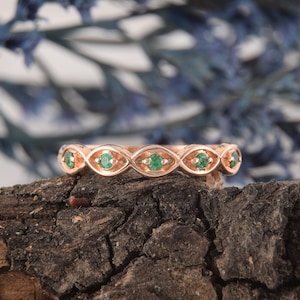 Rose Gold Emerald Wedding Band, Art Deco Wedding Band, Womens Wedding Band, Emerald Jewelry, May Birthstone, Antique Wedding Band