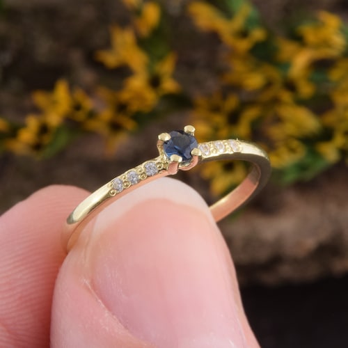 18k Solid Yellow Gold Blue Sapphire Promise Ring for Her Etsy