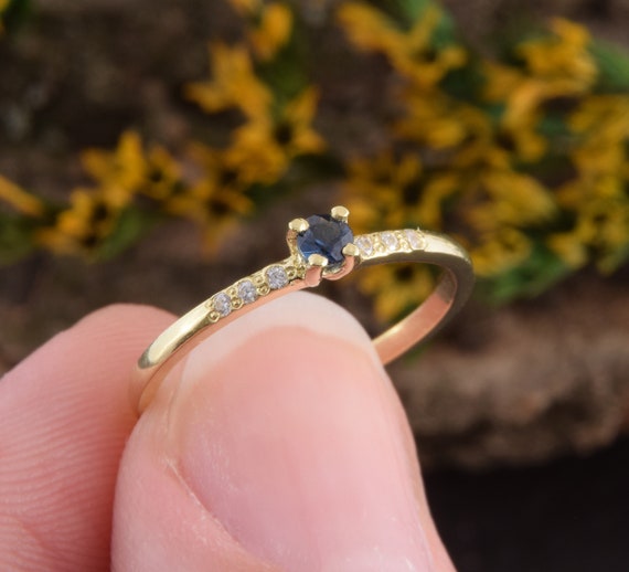 18k Solid Yellow Gold Blue Sapphire Promise Ring for Her 18k Solid Yellow Gold Blue Sapphire Promise Ring for Her