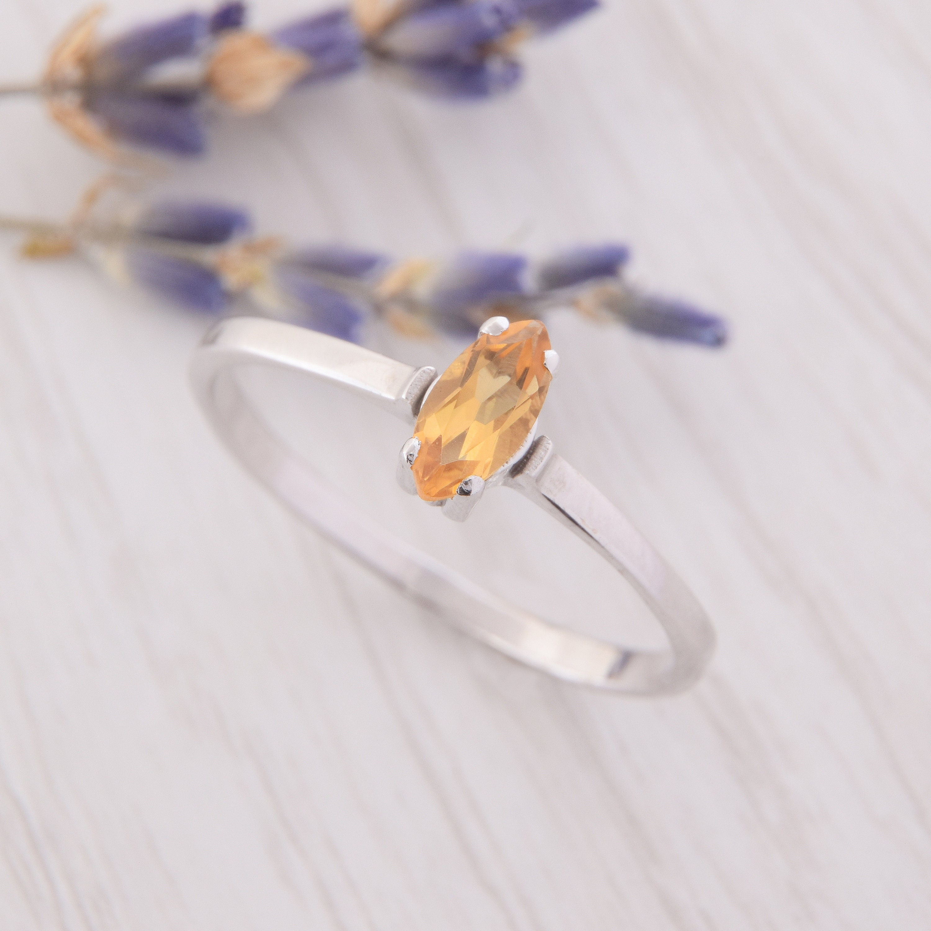Marquise Ring, Womens Citrine Silver Ring, Simple Silver Ring 