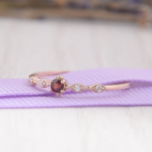 Rose gold tiny & dainty victorian style garnet engagement ring, Womens art deco garnet promise ring, Small minimalist garnet wedding ring image 6