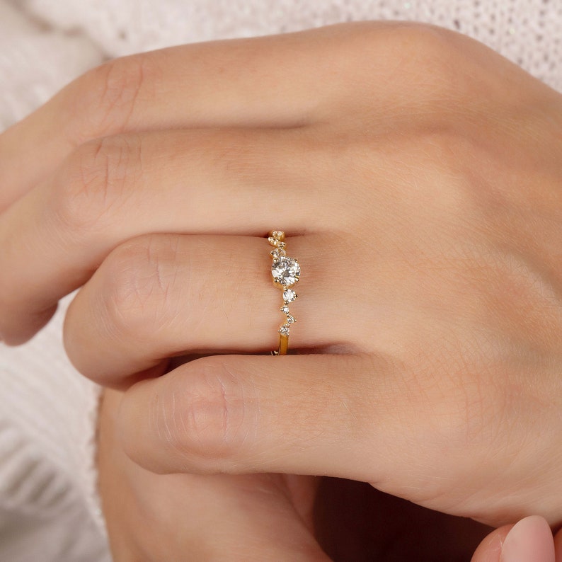Dainty 14k gold cluster promise ring for her, Unique minimalist cluster engagement ring, Heart beat ring, Unique women statement ring gold image 2