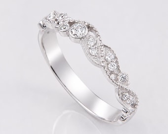Aliança de casamento vintage em prata de lei 925 com zircônias cúbicas, estilo Art Déco, para usar em conjunto com outros anéis.