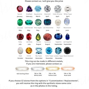 May include: Image showcasing various gemstone options for a ring, including Garnet, Amethyst, and Diamond. The image also displays ring bands in 925 Sterling Silver, 14k White Gold, Yellow Gold, and Rose Gold. Text states the ring can be customized.