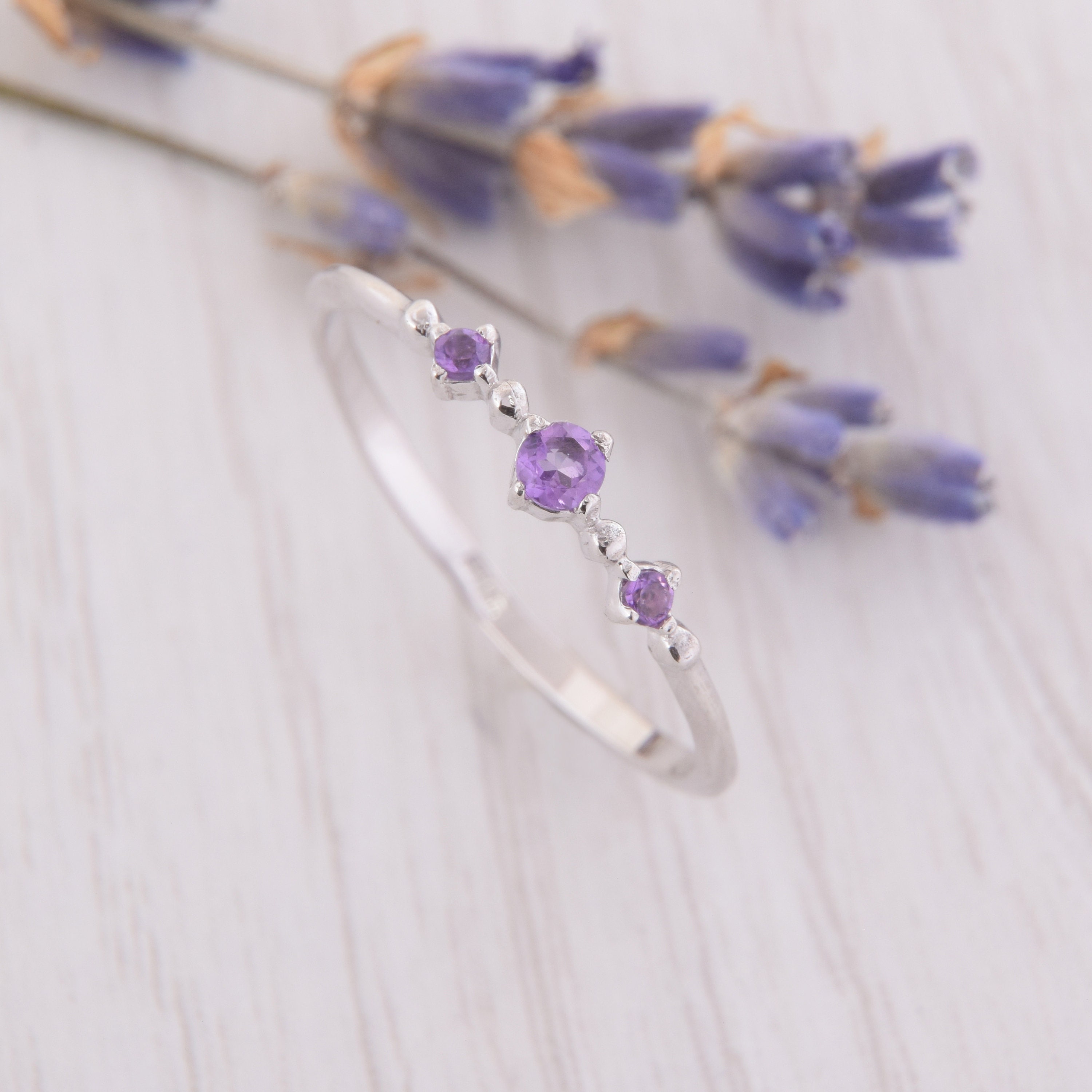 Womens Amethyst Silver Ring, Small Silver Promise Ring for Her, Womens Promise Ring, Three Stone Ring, Amethyst Jewelry,Dainty Amethyst Ring