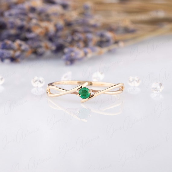 Dainty 14k Yellow Gold Solitaire Emerald Promise Ring for Her