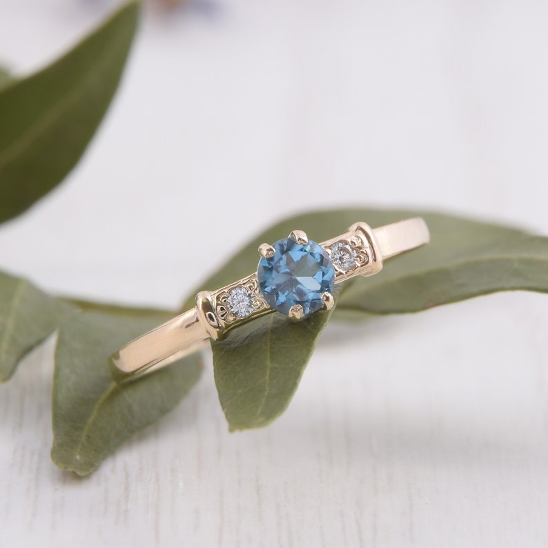 14K Yellow Gold Genuine Blue Topaz Solitaire Ring - Swirl Design Engagement Or Promise Ring - View #10