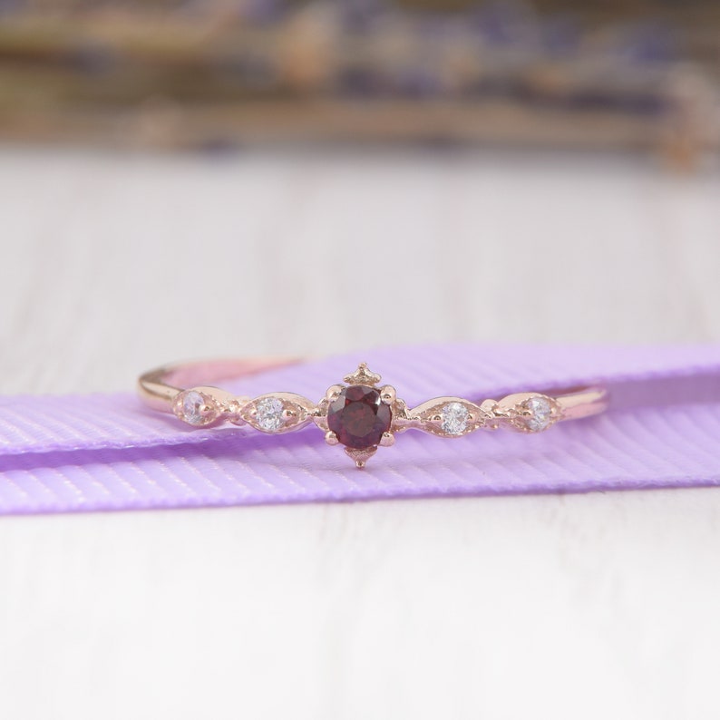 Rose gold tiny & dainty victorian style garnet engagement ring, Womens art deco garnet promise ring, Small minimalist garnet wedding ring image 5